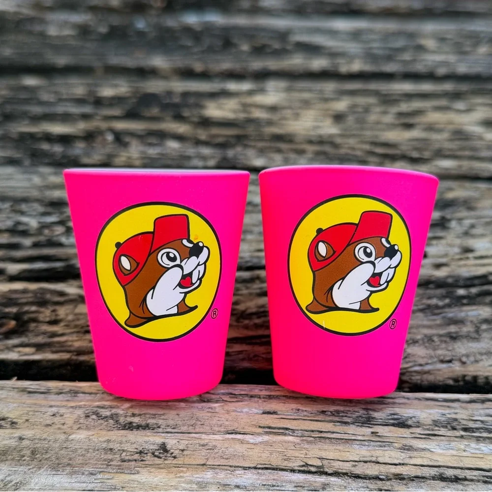 PAIR (2) of BUC-EES BEAVER HOT FLUORESCENT PINK 2.5” TALL COATED SHOT GLASS RARE
